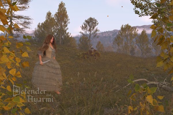 A woman holding a knife and wearing a princess's dress runs barefoot through an autumn meadow before sunrise.