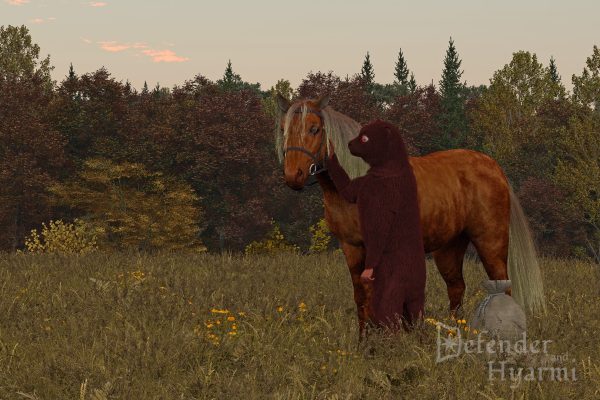 Hu-Hov and Sungleam A mahogany hyarmi cub stands beside her pony before dawn with an autumnal forest behind them.