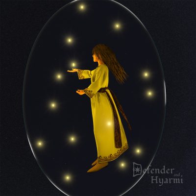 A woman floats in what appears to be open space, surrounded by fourteen tiny flames and protected by a transparent bubble of arcane power.