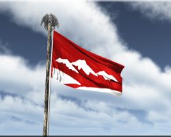 Avarome Image of a scarlet flag with stylized white mountain peaks and foothills. The flagpole is rough wood, topped by a finial in the shape of an eagle.