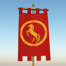 Rampant Duchy Image of a scarlet vertical banner (gonfalon) depicting a rearing golden horse inside a circle.
