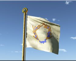 Nestondom Image of a square flag of undyed linen, bearing an embroidered circlet of heads of ripe wheat and blue flax flowers. The flagpole is rough painted wood, topped by a final in the shape of reflective silver circle inside of a bronze circle.