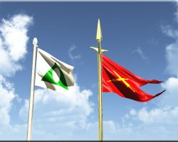 Dominion Image of two flags. The white flag on the left is square, with a green upward-pointing triangle that has a white oval inside it. The flagpole is painted white and topped with an egg-shaped finial of translucent white stone. On the the right is a swallowtail crimson flag, displaying a pair of crossed golden short swords. The flagpole is in the shape of a polished bronze spear.