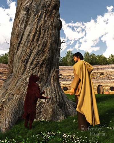 Warder Hu-Hov and Geren stand facing each other near a huge dead tree, the center post. Warder Hu-Hov has a message branch in her hand.