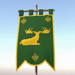 Wilderdale Duchy Image of a dark green vertical banner (gonfalon) depicting a deer with huge antlers (Irish Elk) lying down.