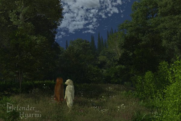 A brown and tan hyarmi and a fawn hu-hyarmi walk together out of a forest into a meadow on a moonlit summer night.