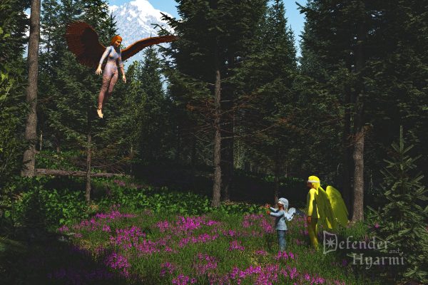 Two young avarii, standing in a meadow surrounded by pines, watch a chestnut-winged avii flying near them; a snow-capped mountain is visible beyond the trees.