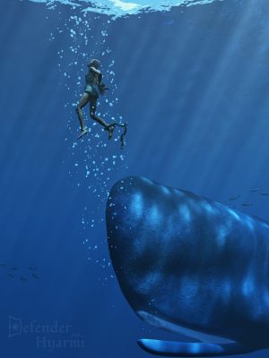 An old man underwater with arms tied behind his back, while bubbles rise from the open mouth of the whale beneath him.