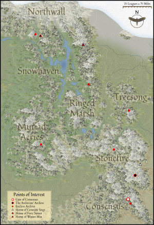 Detail map of the northeastern Federated Enclaves, displaying points of interest for the novel "End of Days."