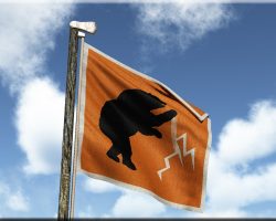 Eastshield Image of a dull orange (rust colored) flag depicting a black bear, rampant, with jagged silver slashes coming from the bear's right forefoot. The flagpole is rough wood, topped by a final in the shape of an iron axhead.