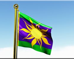 Lansend Image of a square purple flag with lime green bars at the top and bottom, depicting a stylized sun with many rays. The flagpole is polished bronze, topped by a final in the shape of a circle off-center inside of another circle, so that light passes through in the shape of a crescent.
