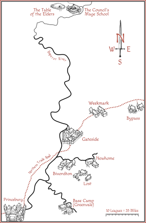 Simple pen and ink style map covering most of the places where Geren spends time from late 437 AK to the middle of 438.