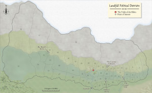 Color map of Landfall in 438 AK depicting the boundaries of the 59 political districts, along with points of interest.