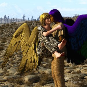 An ava (male avarii) with dark feathers is holding an avii (female avarii) in his arms; she has injured feet, bruises, and is missing feathers from her wings. They have their faces close together, about to start kissing. They are in a dry rocky landscape near midday, with distant mountains visible through haze.