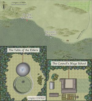 Color map of the area around the Table of the Elders and the Council's mage school, including detail maps of structures at each location.