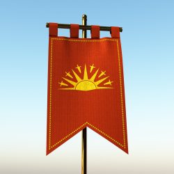 Eastwood Duchy Image of a scarlet vertical banner (gonfalon) depicting a half risen golden sun with six daggers between the six sunbeams.