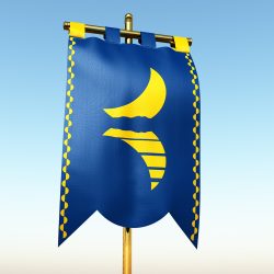 Longshoal Duchy Image of a blue vertical banner (gonfalon) depicting a setting golden crescent moon and its reflection.
