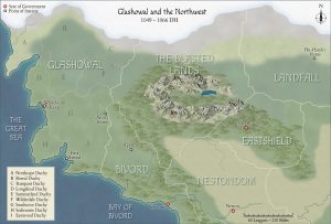 Color map of Glashowal and the northwest, including points of interest, along with the names and boundaries of the nine Glashwalian Duchies.
